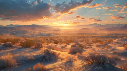 golden light of sunset illuminates the sandy dunes of the desert