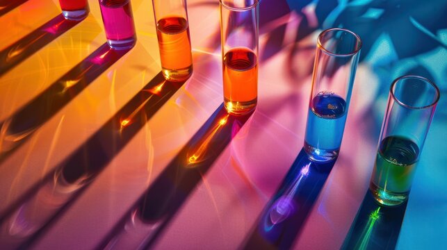 Sunbeams illuminate a collection of test tubes filled with vivid chemicals, casting long shadows and accentuating the vibrant hues of the liquids.  