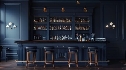 Modern bar counter with bottles of alcohol and retro vintage wooden barstools in dark blue colors.