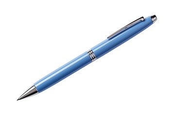 This is a blue metal pen with shiny chrome accents. It has a smooth, sleek design and is perfect for everyday use.