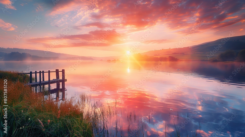 Wall mural golden rays of the morning sun illuminating the tranquil waters of a calm lake - Wall murals