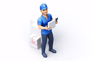 a cartoon of a delivery man holding a box and a phone