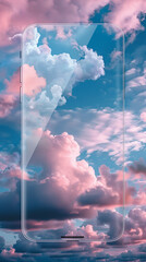 Pastel clouds drifting across a serene sky, encapsulated within the sleek surface of a transparent phone cover.