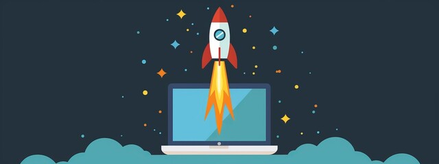 A dynamic illustration of a rocket launching from a laptop, symbolizing startup success and innovation.