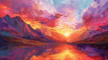 A painting of a sunset over a mountain range with a large sun in the sky