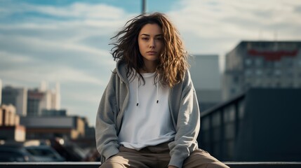Obraz premium young lady showcasing the latest streetwear trend, modern urban backdrop. 
