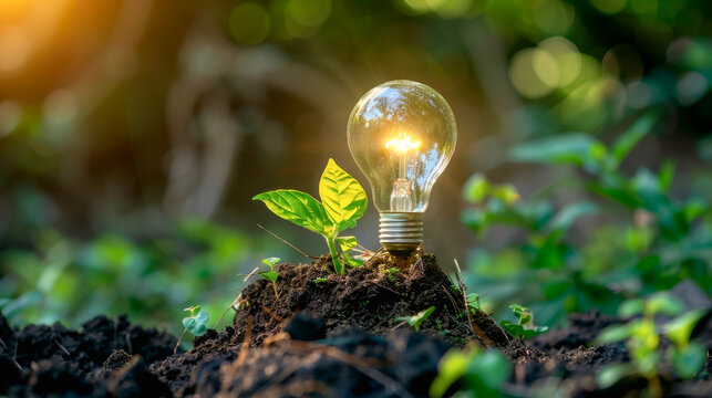 Sustainable energy, environmental friendly, renewable energy concept. Light bulb with plant and green nature background.