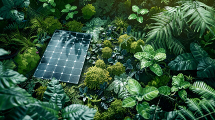 Solar cell panel in the forest, Sustainable energy, environmental friendly, renewable energy concept.