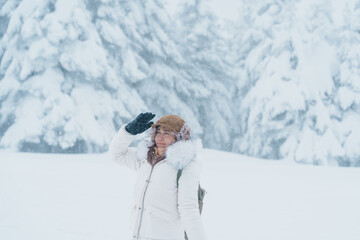 Woman tourist sightseeing Snow monster in Winter day at Mount Zao, Yamagata prefecture, Japan....