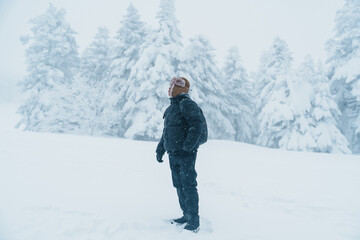 man tourist sightseeing Snow monster in Winter day at Mount Zao, Yamagata prefecture, Japan. Happy...