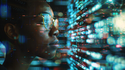 A woman is looking at a computer screen with a lot of numbers and letters