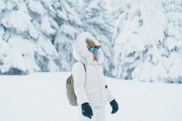 Woman tourist sightseeing Snow monster in Winter day at Mount Zao, Yamagata prefecture, Japan....