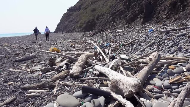 marine garbage debris driftwood Styrofoam Polystyrene foam. Plastic box on deserted shore magnificent coastline stretches behind, Environmental pollution issues.