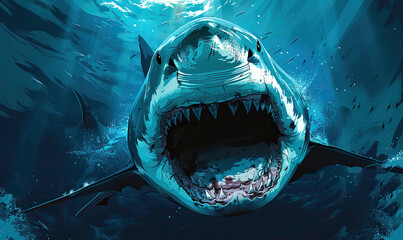 A vivid digital painting of a great white shark lunging through water. Generate AI