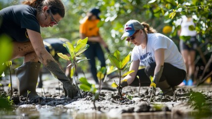 Reforestation Efforts, Volunteers planting mangrove trees, demonstrating restoration and conservation activities.