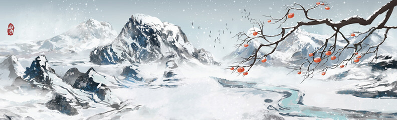 Hand drawn winter snow scenery, ink wash landscape painting, winter solar term background
