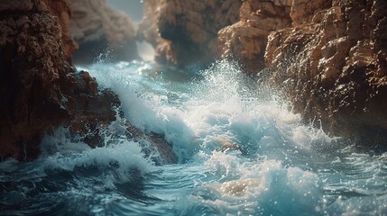 flow of ocean waves crashing against rocky cliffs