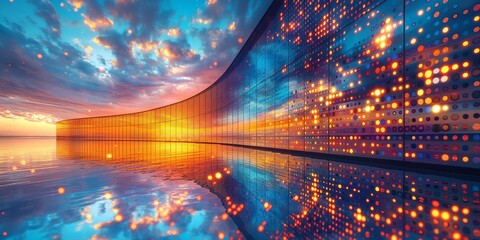 Low angle view of futuristic office building with curve glass windows at sunrise with refection