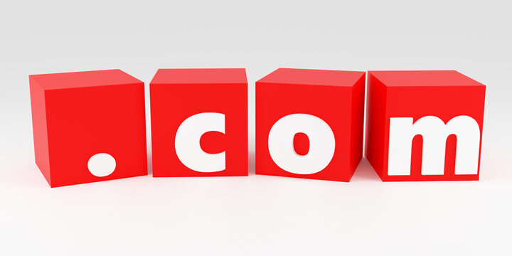 Luxury red sign .com red boxes on grey podium, soft light, smooth background, 3d rendering