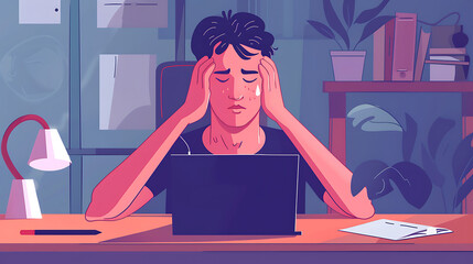 Depressed overworked stressed male businessman entrepreneur sitting on his desk