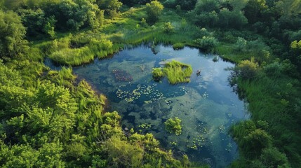 Restored Aquatic Habitat, Wildlife thriving in a previously polluted wetland area, now clean and supporting biodiversity.