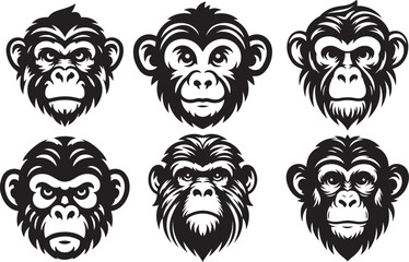 Funny monkey head set silhouette vector illustration. Angry monkey face bundle.