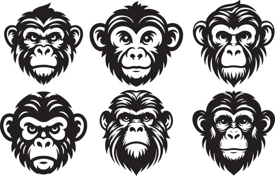 Funny monkey head set silhouette vector illustration. Angry monkey face bundle.