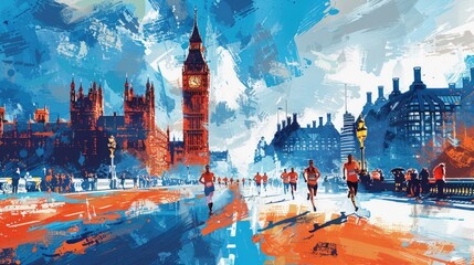 Runners racing in London marathon, poster, illustration.