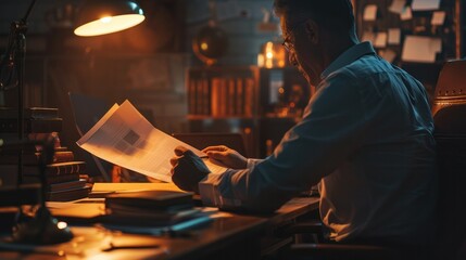  businessperson working late in their office, meticulously preparing a file for an important meeting the next day. The scene emphasizes dedication and commitment to excellence.  