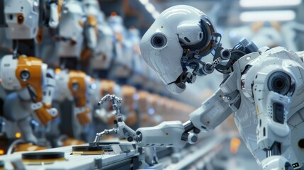 Fototapeta premium collaborative assembly line where humans and robots work in harmony, showcasing the seamless integration of their movements and the overall efficiency of the operation. 