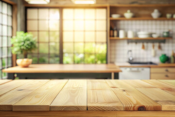 Fototapeta premium Wooden top with blurred empty japan kitchen background can be used for mocking up or display product to make advertising.