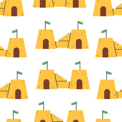 Summer sand castle pattern. Flat seamless pattern. Simple sand castle. Cartoon design. Flat vector illustration.