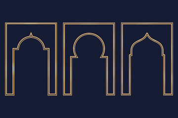Ramadan Islamic arch frame. Vector Muslim traditional door illustration for wedding invitation post and templates. Golden frames in oriental style. Persian windows shapes set.