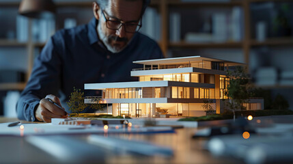A man is focused on architectural model-making, crafting a detailed multi-story building with precision tools, in a workspace illuminated with warm, ambient lighting.