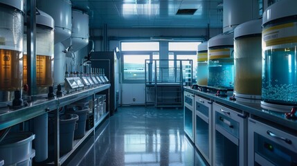 Obraz premium Secondary Treatment, Biological reactors with microorganisms breaking down organic matter, viewed from a control room.
