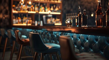 Elegant bar counter with bottles of alcohol and leather stools in dark blue, turquoise and brown colors.