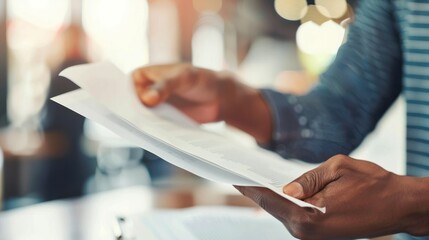  close-up shot of a businessperson carefully reviewing a document before handing it over to a colleague. 