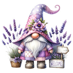 A cute cartoon gnome with a purple hat and white beard stands in a field of lavender