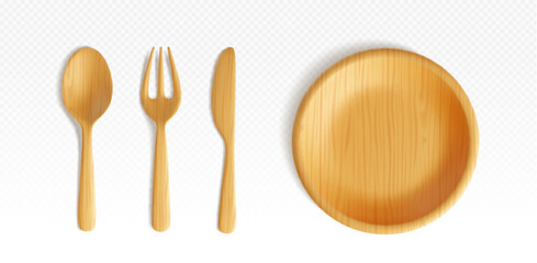 Wooden kitchen cutlery for dinner. Realistic 3d vector illustration set of eco tableware with brown wood texture - top view on plate, spoon, fork and knife. Ecological bamboo biodegradable dishware.
