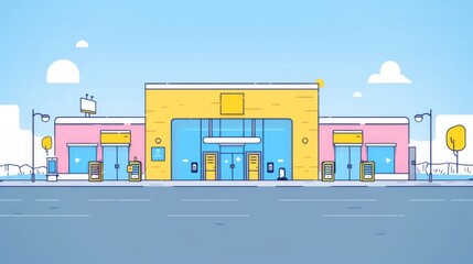 A cartoon drawing of a gas station with a yellow and pink building