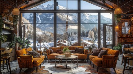 A Cafe with rustic brick walls, warm orange yellow color , large windows showing snow covered mountains outside. Generative AI.