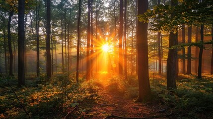 Obraz premium beauty of a sunrise over a tranquil forest