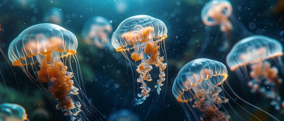A close shot of under water ethereal jellyfish ballet in ocean with a big space for text or product advertisement background, Generative AI.