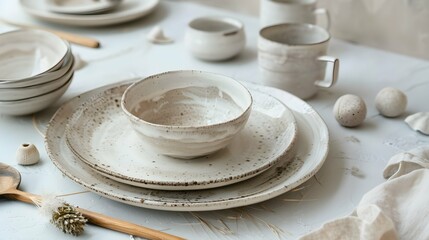 handmade ceramic tableware, empty craft ceramic plates, bowls and cups on light background 
