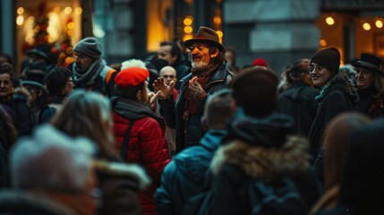 Fototapeta premium crowd of people gathered around a street performer, their faces lit up with amusement and wonder. 