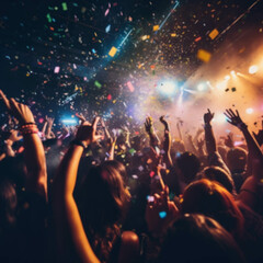 A crowd of people dance celebrate and listen to music and have fun at a concert nightclub party