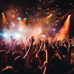 A crowd of people dance celebrate and listen to music and have fun at a concert nightclub party