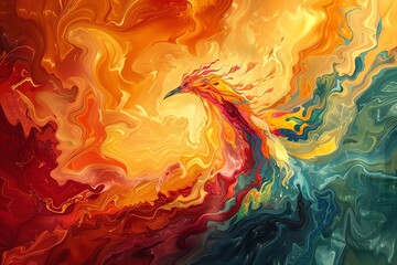 Capture the elegant curves of a phoenix rising from vibrant abstract flames