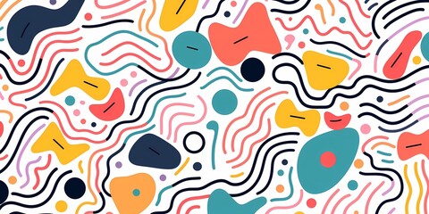 Doodle colorful lines in seamless pattern.  Abstract art background vector design with childish doodles, leaves, dots in bright colors.  Examples of textile or fabric print designs.