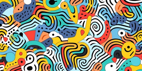 Fototapeta premium Doodle colorful lines in seamless pattern. Abstract art background vector design with childish doodles, leaves, dots in bright colors. Examples of textile or fabric print designs.